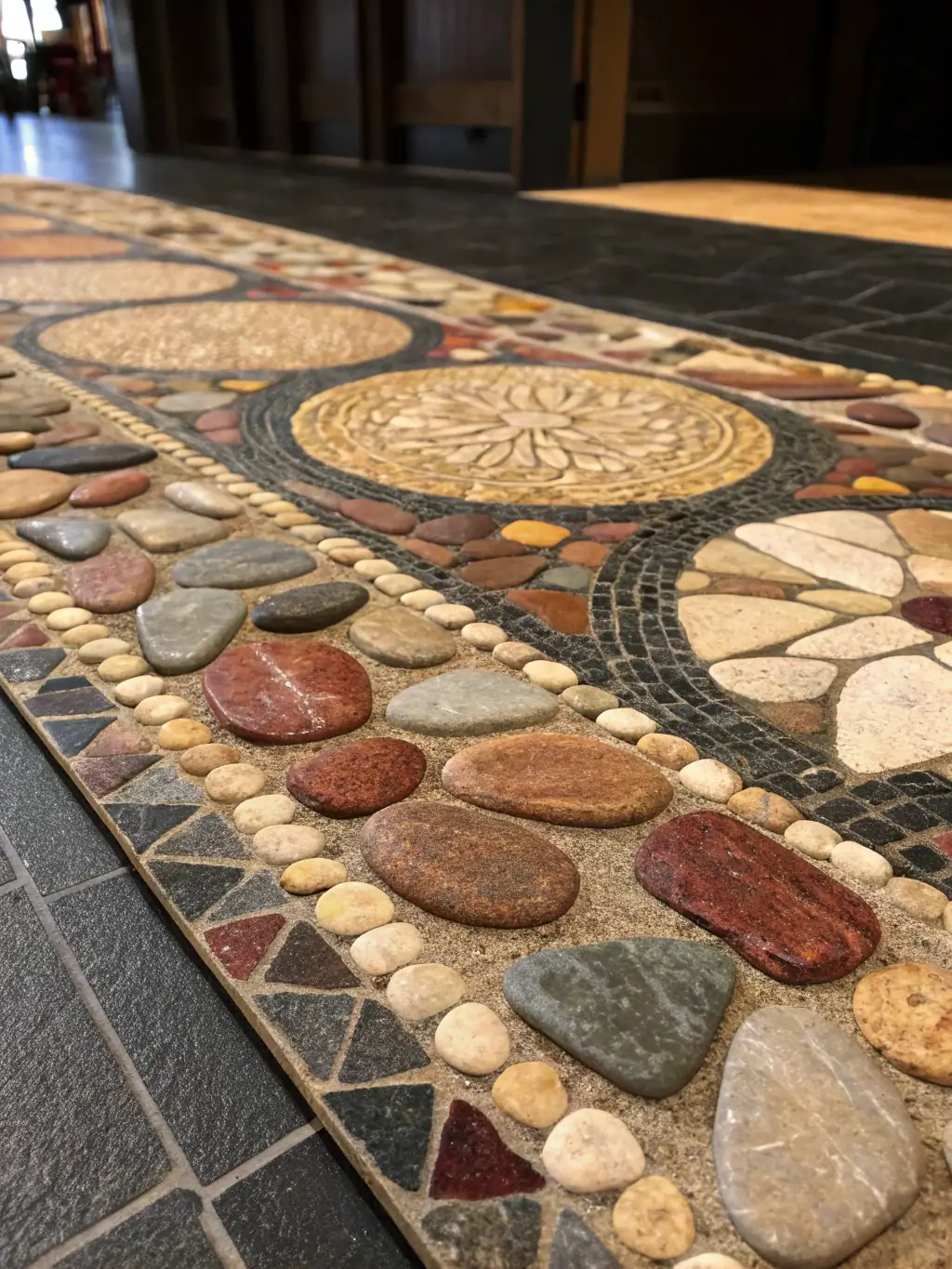 A close-up of a meticulously laid natural stone patio, showcasing the intricate patterns and textures of the stones, with a blurred background of a beautifully landscaped garden, emphasizing the natural beauty and durability of the materials used by Vision Hardscapes Design & Build.